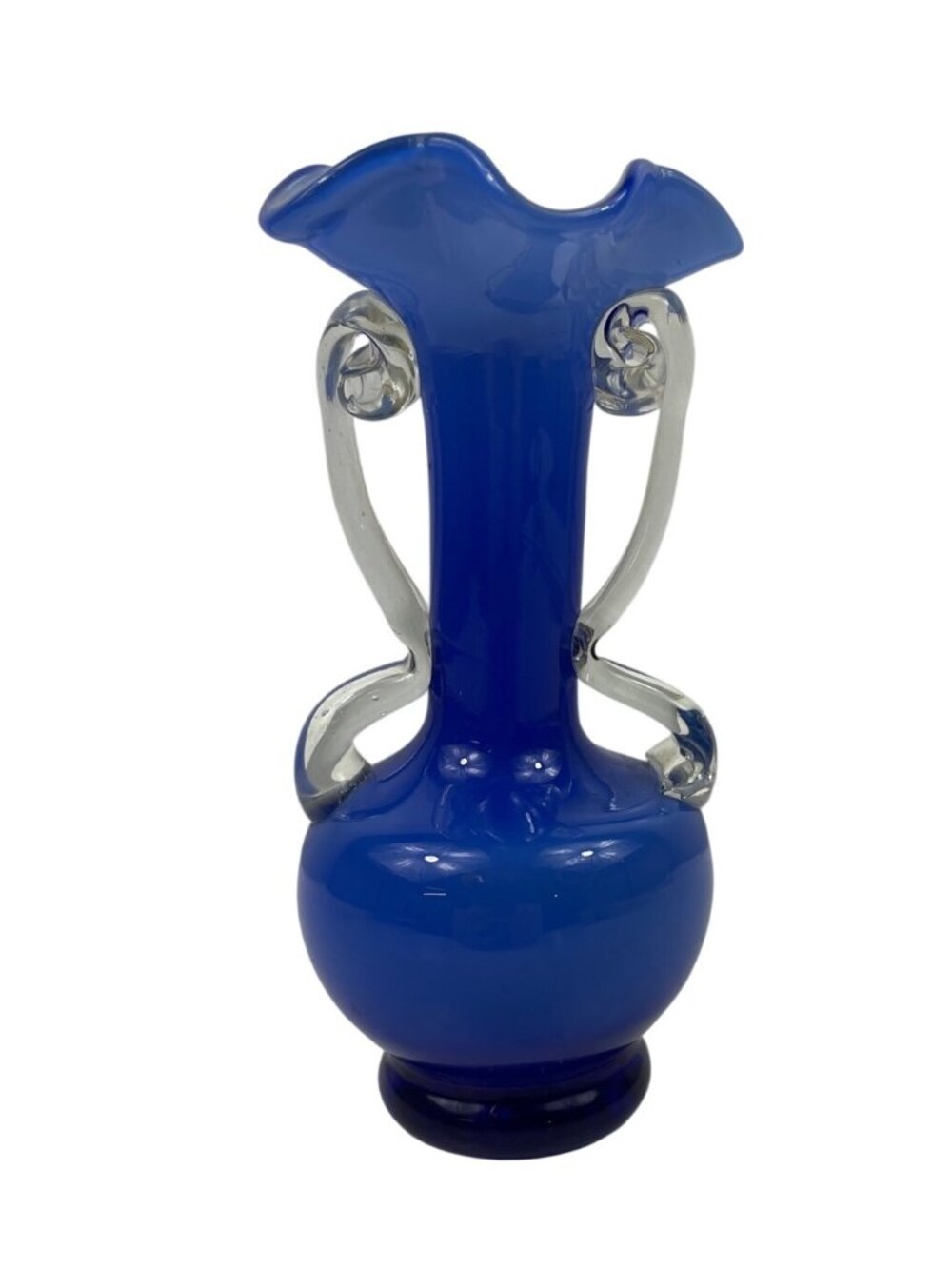 Handmade Cobalt Blue Glass Vase With Clear Swirl Handles & Ruffled Rim - Picture 2 of 12